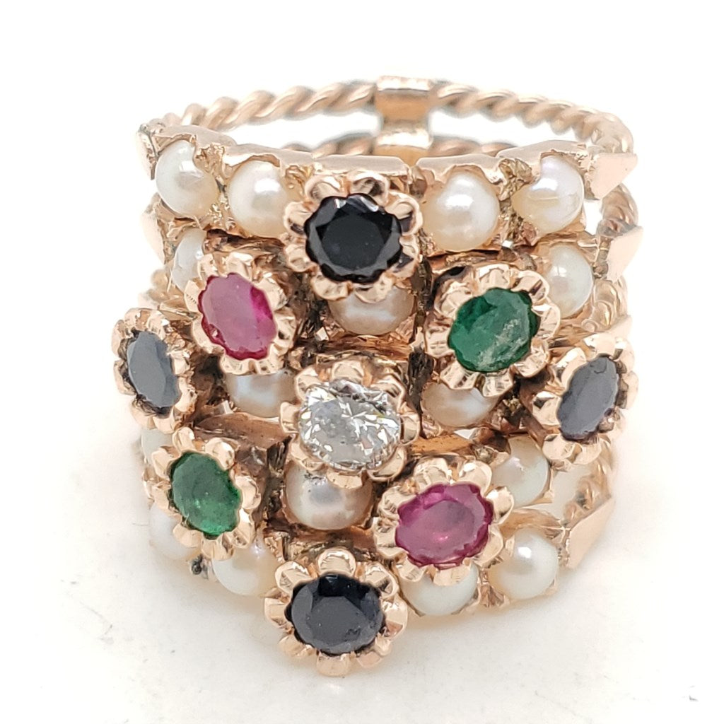 Vintage 14kt Yellow Gold Diamond Ruby Sapphire Emerald and Pearl Five Shank Ring