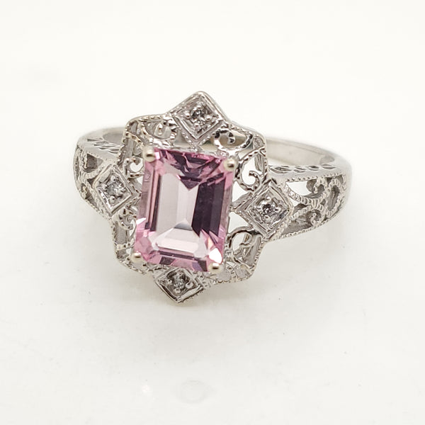14kt White Gold Pink Topaz and Diamond Filigree Ring