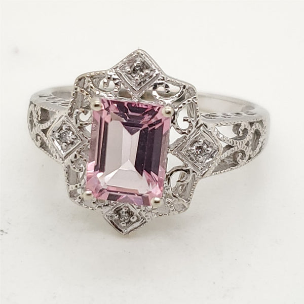 14kt White Gold Pink Topaz and Diamond Filigree Ring