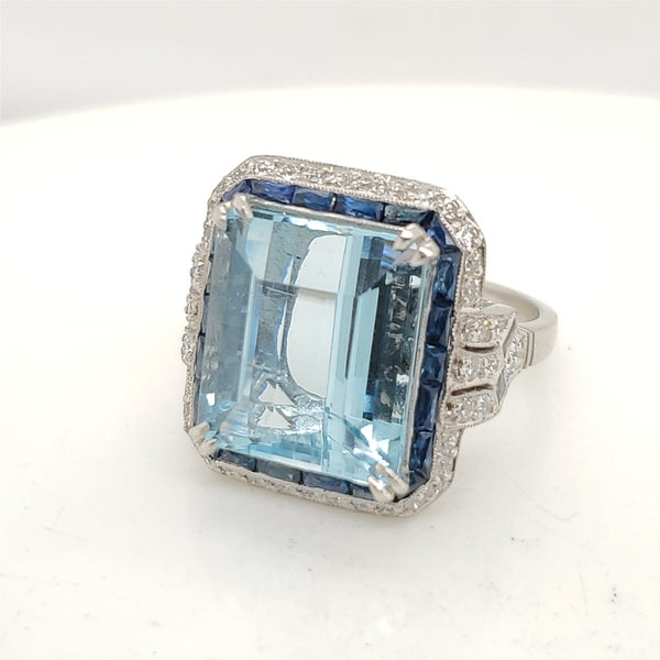 Modern Art Deco Style Platinum Aquamarine Sapphire and Diamond Ring