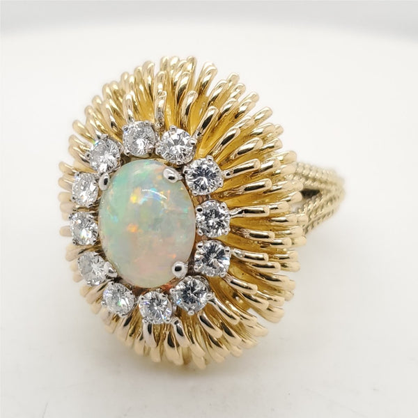 Modernist 18kt Yellow Gold Oval Opal and Diamond Ring