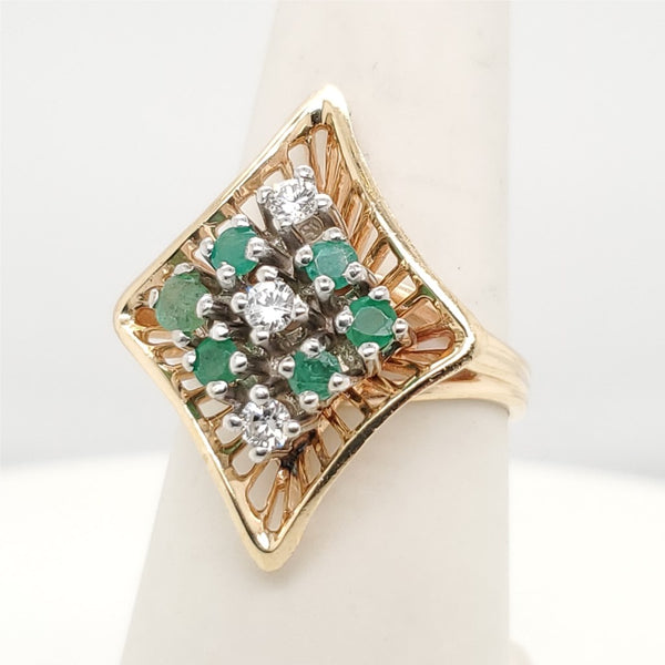 Vintage Modernist 14kt Yellow Gold Emerald and Diamond Ring