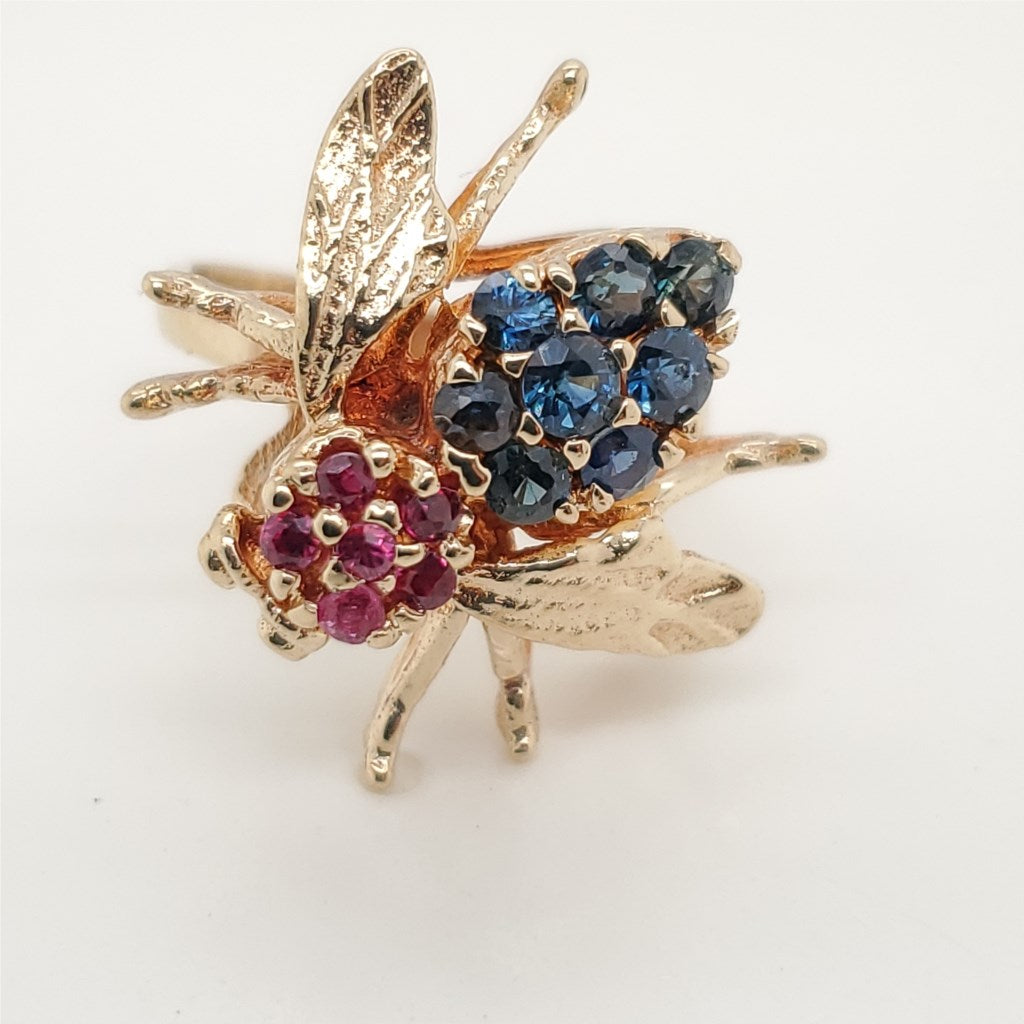 Vintage 14Kt Yellow Gold Sapphire And Ruby Vintage Bee Brooch