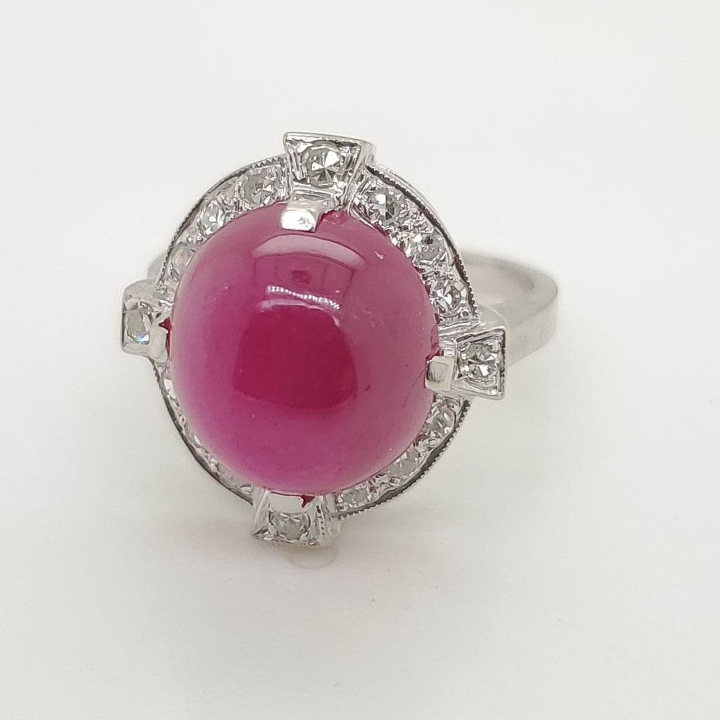 Vintage 14kt White Gold Synthetic Ruby and Naural Diamond Ring