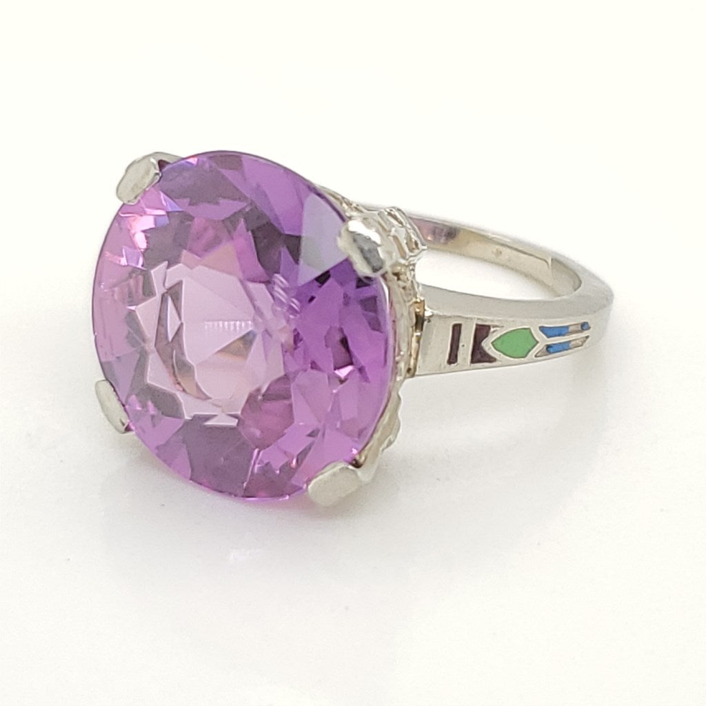 Art Deco 14kt White Gold Synthetic Pink Sapphire Ring