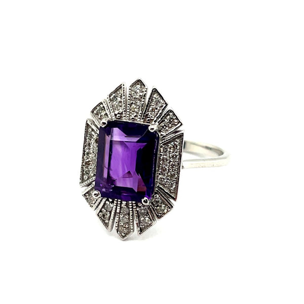 2.73 Ctw 14kt White Gold Amethyst And Diamond Milgrain Ring