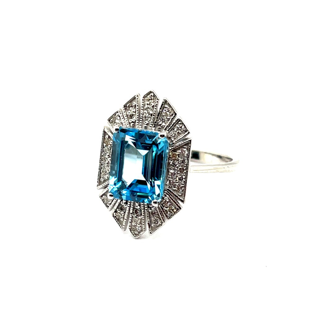 3.14 Ctw 14kt White Gold Blue Topaz And Diamond Milgrain Ring