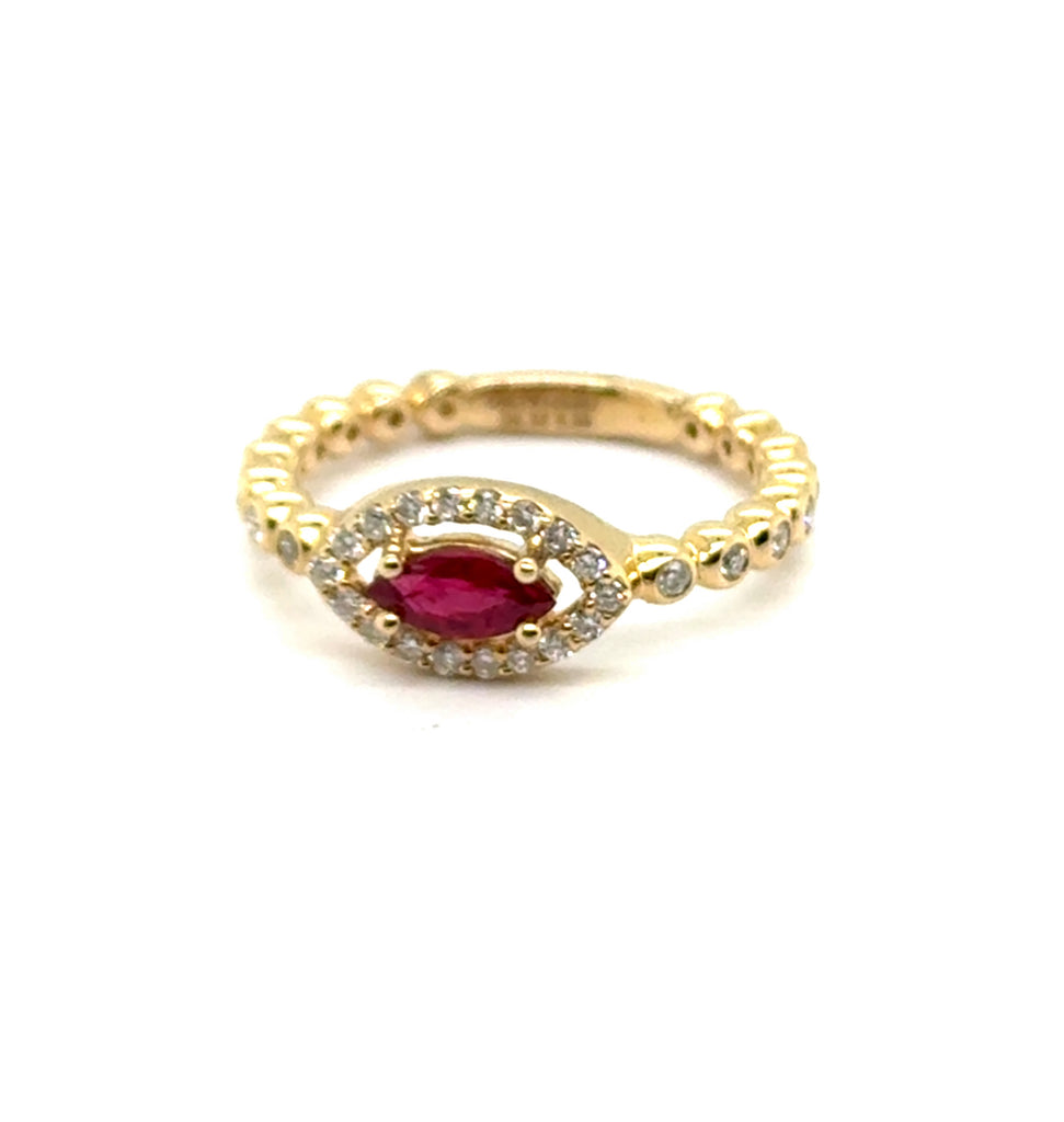 0.87 Ctw 14Kt Yellow Gold Marquise Ruby And Diamond Halo Ring