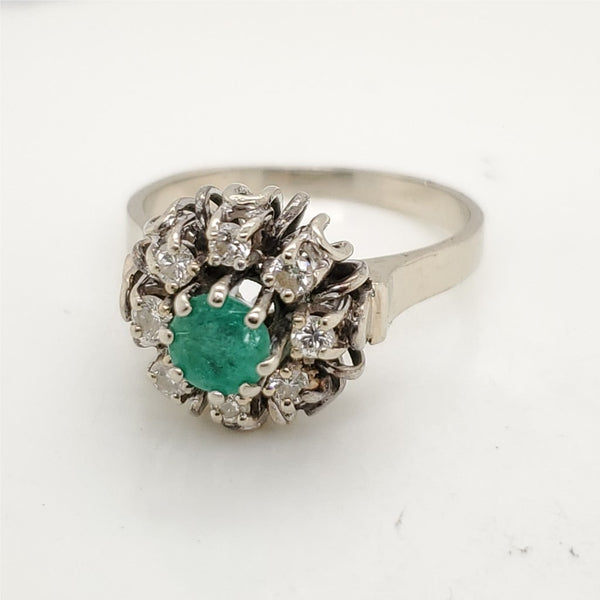14kt white Gold Diamond and Emerald Round Ring