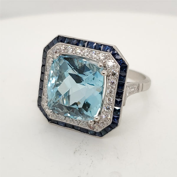 Art Deco Inspired Platinum Aquamarine Onyx and Diamond Ring
