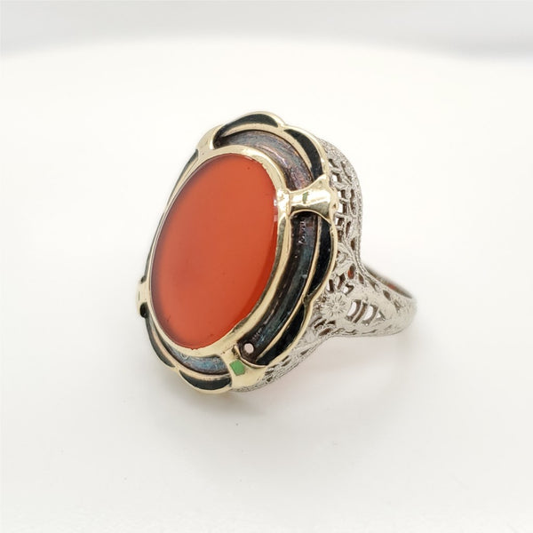Art Deco 14kt White Gold Carnelian and Enamel Filigree Ring