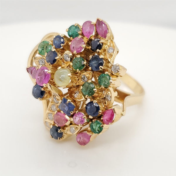 Vintage 18kt Yellow Gold Diamond Ruby Sapphire Emerald and Cats Eye Ring