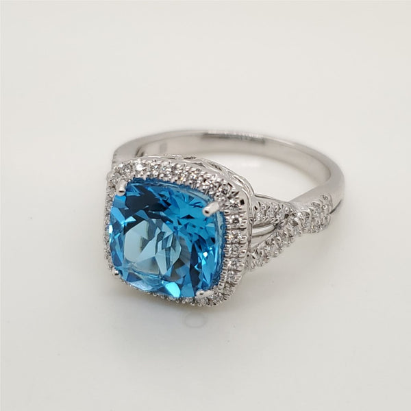 14kt White Gold Blue Topaz and Diamond Ring
