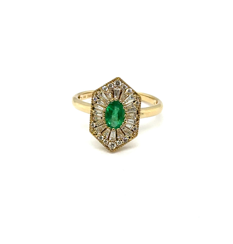 0.82 Ctw 14kt Yellow Gold Milgrain Emerald And Diamond Ring