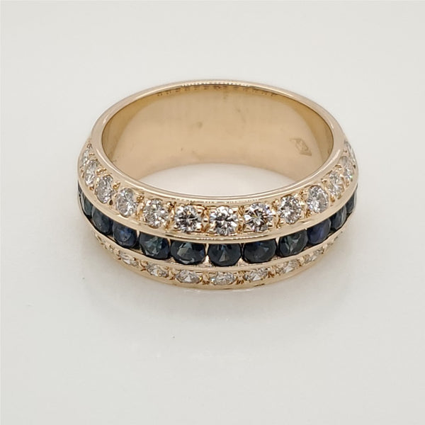 14kt Yellow Gold Three Row Sapphire and Diamond Ring