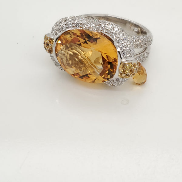 18kt White Gold Citrine Diamond and Yellow Sapphire Designer Ring