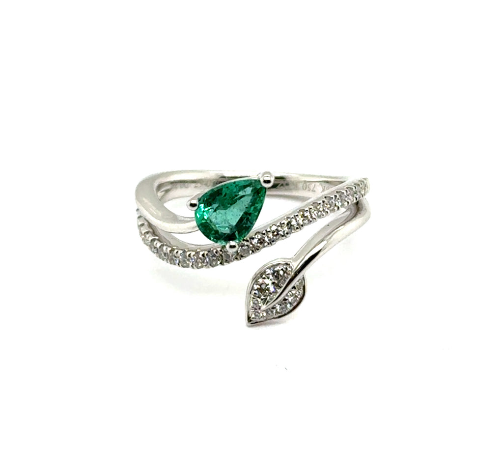 0.95 Cttw 18Kt White Gold Emerald and Diamond Bypass Ring