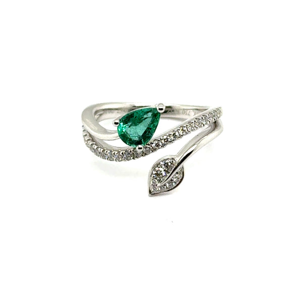 0.95 Cttw 18Kt White Gold Emerald and Diamond Bypass Ring
