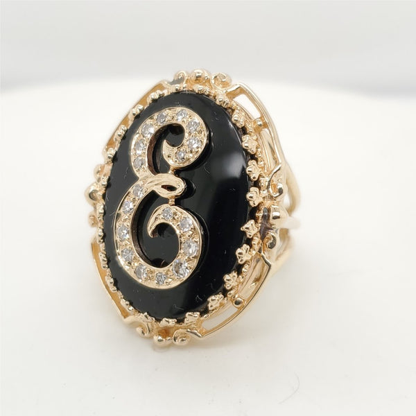 14kt Yellow Gold Onyx and Diamond E initial Ring