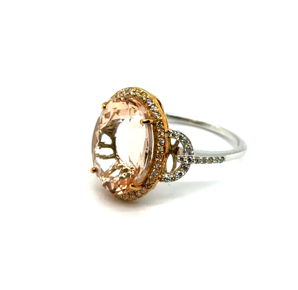 7.29 Cttw 14Kt White Gold Oval Morganie And Diamond Halo Gemstone Ring