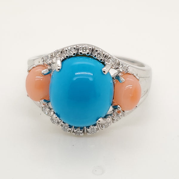 14kt White Gold Turquoise Coral and Diamond Ring