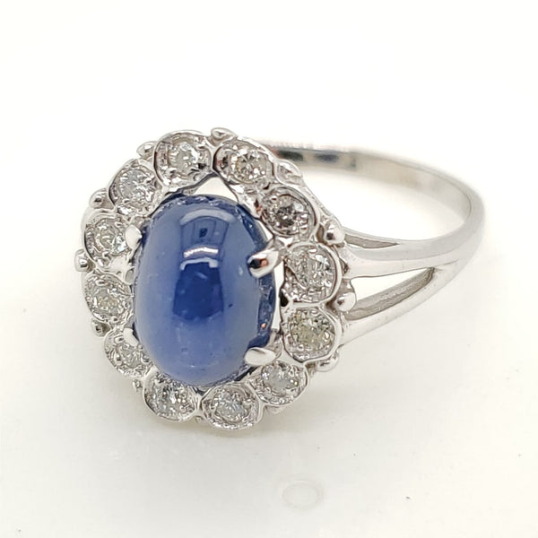 Vintage Mid-Century 14kt White Gold Star Sapphire and Diamond Ring