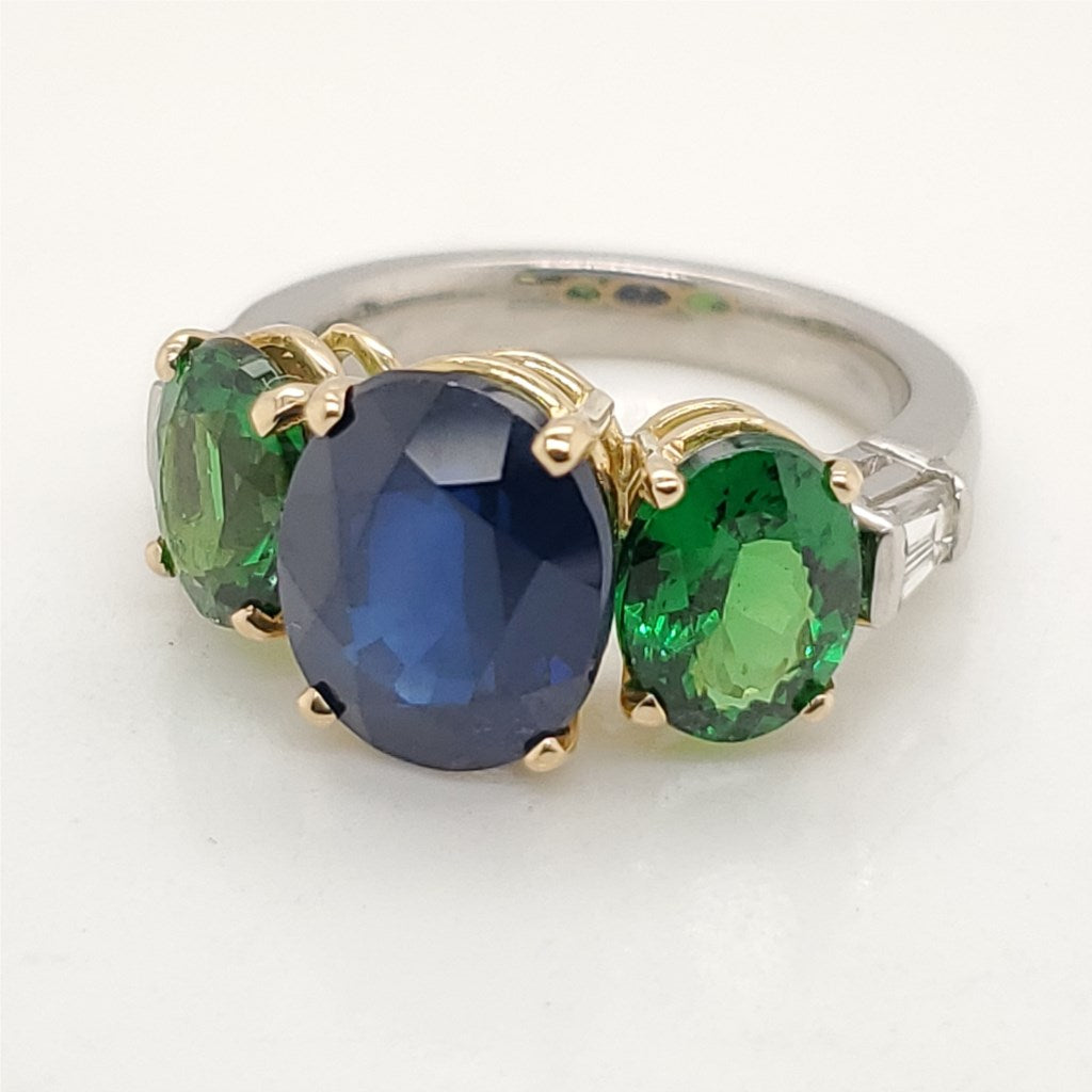 Platinum and 18kt Yellow Gold sapphire Tsavorite Garnet and Diamond Ring