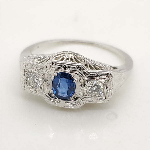 Art Deco 18kt White Gold Sapphire and Diamond Ring
