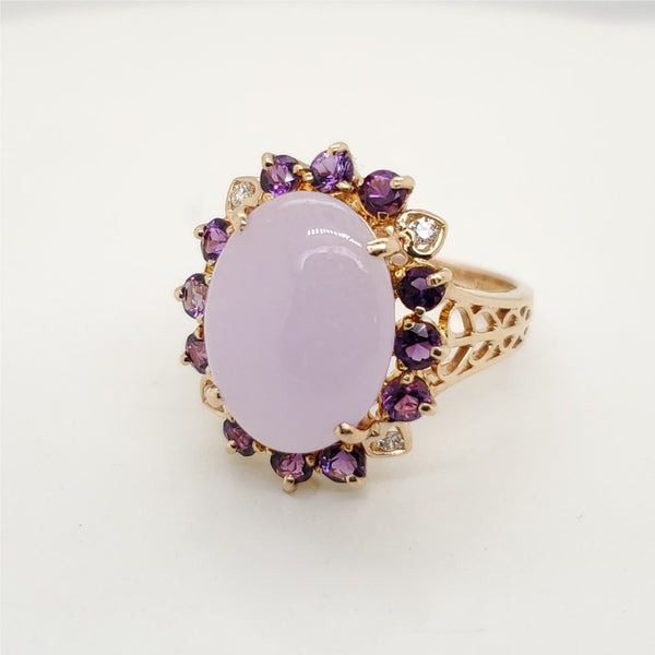 14kt Yellow Gold Lavender Jade Diamond and Amethyst Ring