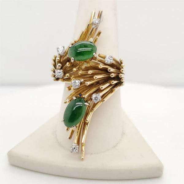 Vintage Brutalist 14kt Yellow Gold Jade and Diamond Ring