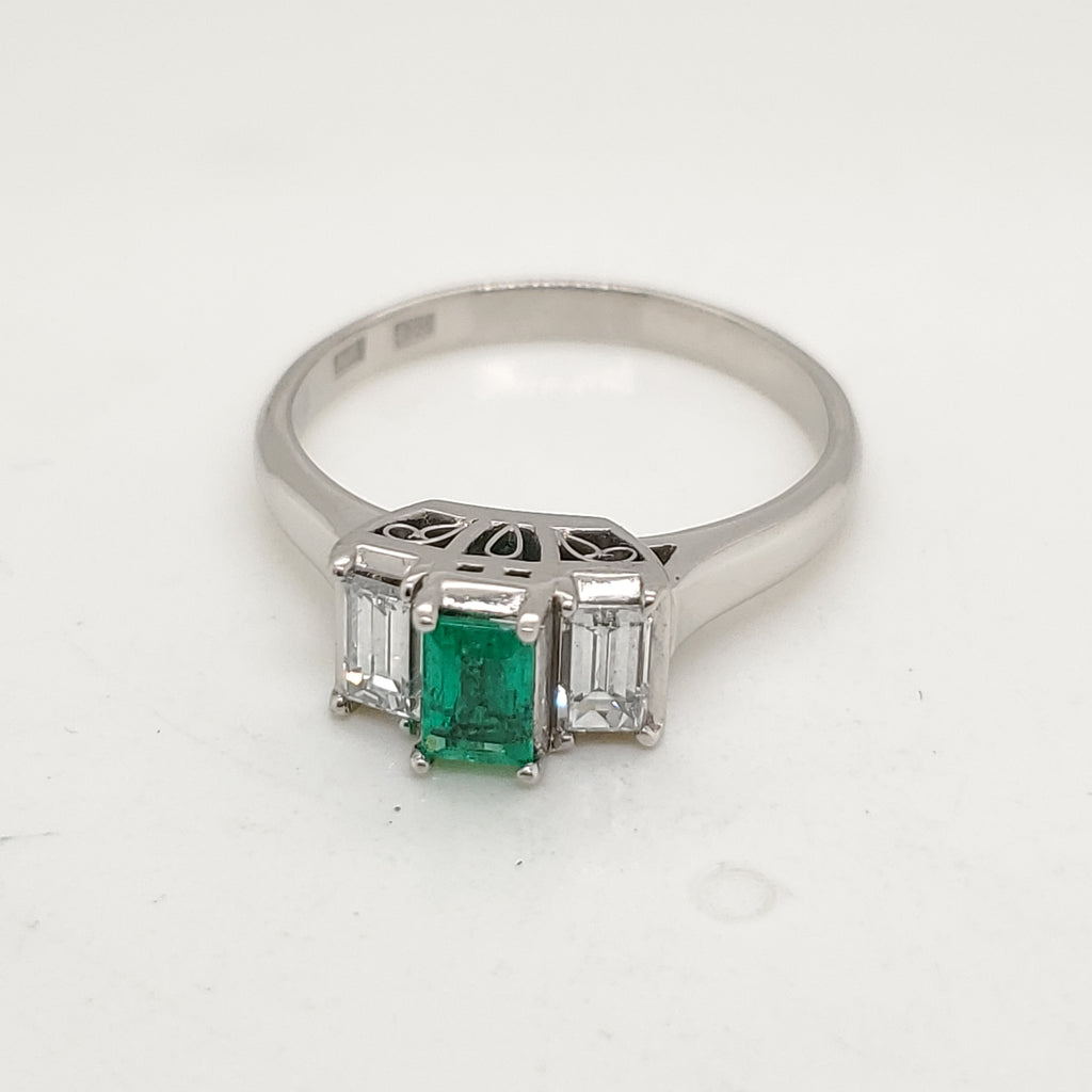 Platinum Three Stone Emerald And Diamond Ring
