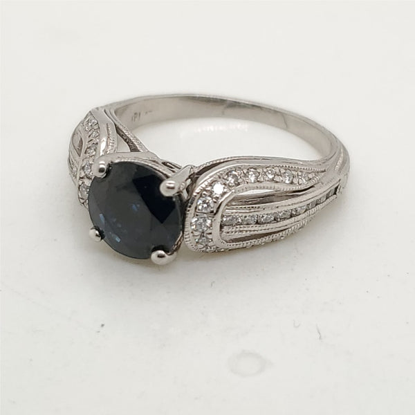 Modern Art Deco Style Platinum Sapphire and Diamond Ring