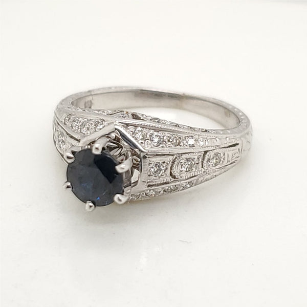 Modern Art Deco Style 18kt White Gold Blue Sapphire and Diamond Ring