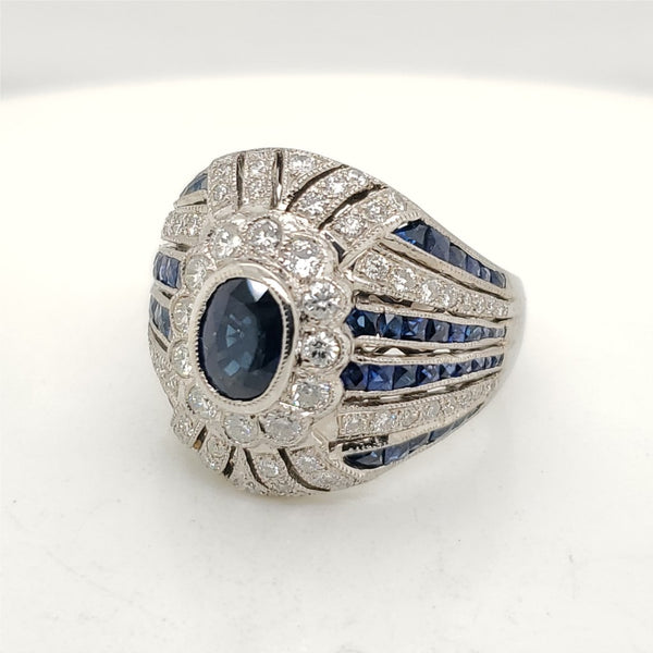 18kt White Gold Art Deco Inspired Sapphire and Diamond Ring