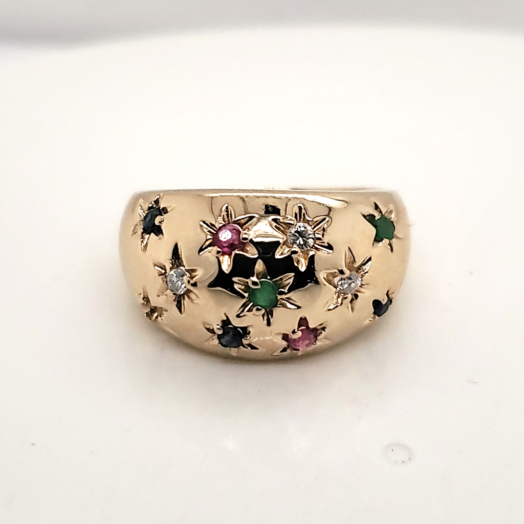 Vintage 14kt Yellow Gold Emerald Ruby Sapphire and Diamond Dome Ring