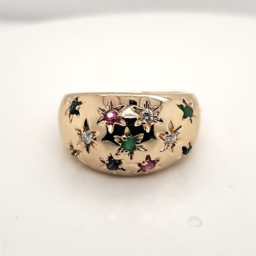 Vintage 14kt Yellow Gold Emerald Ruby Sapphire and Diamond Dome Ring