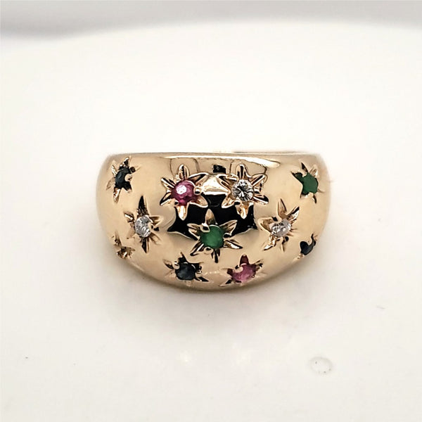 Vintage 14kt Yellow Gold Emerald Ruby Sapphire and Diamond Dome Ring