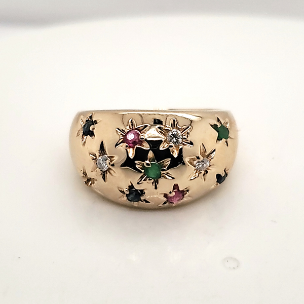 Vintage 14kt Yellow Gold Emerald Ruby Sapphire and Diamond Dome Ring