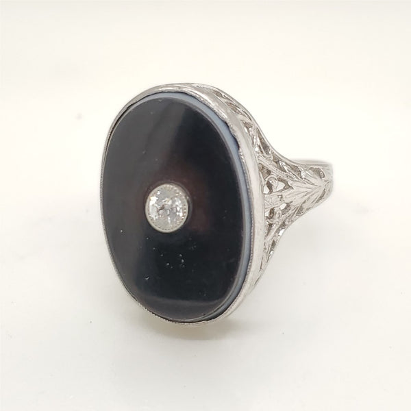 Art Deco 18kt White gold Onyx and Diamond Filigree ring
