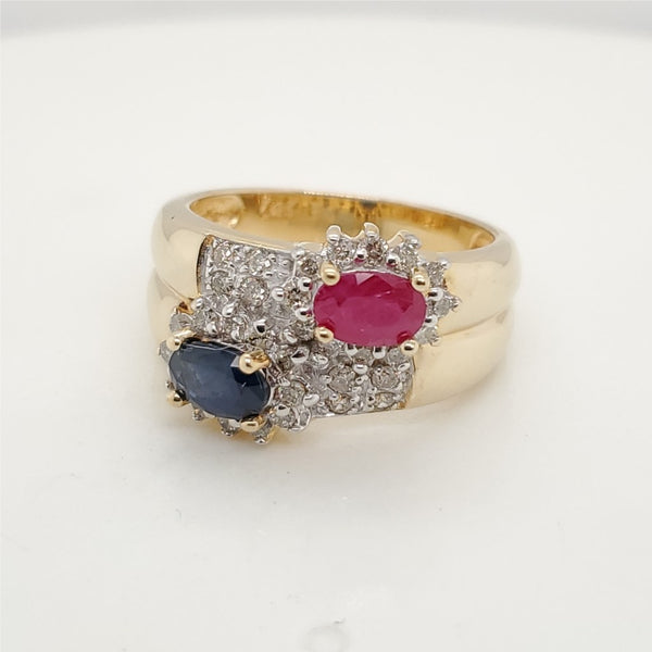 14Kt Yellow Gold Diamond Sapphire And Ruby Ring