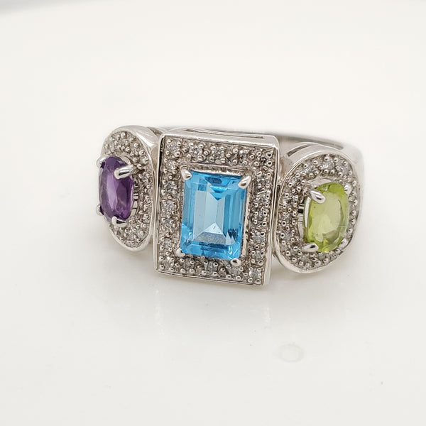 14kt White Gold Blue Topaz Amaethyst and Peridot Diamond Ring