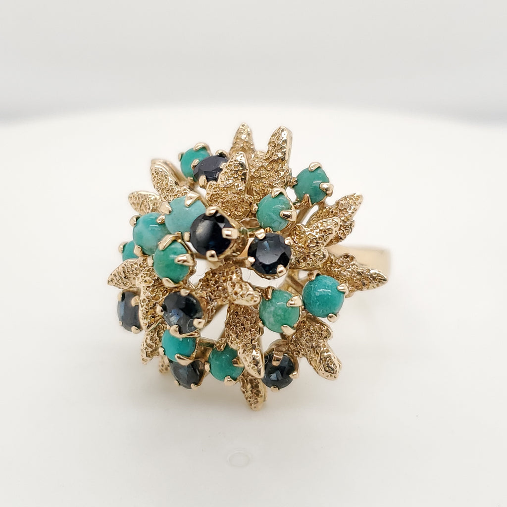Vintage 14Kt Yellow Gold Turquoise And Blue Sapphire Ring