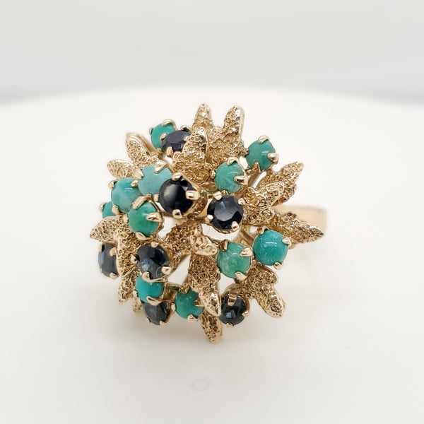 Vintage 14Kt Yellow Gold Turquoise And Blue Sapphire Ring