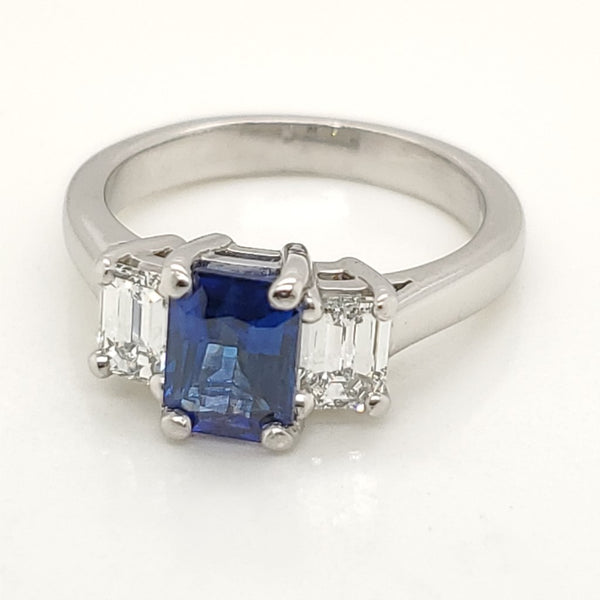 Platinum Ring With  1.19 Carat Emerald Cut Blue Sapphire and Emerald Cut Diamond Ring
