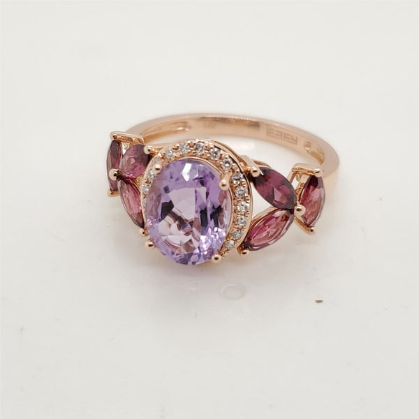Pre-owned Effy 14Kt Rose Gold Amethyst Garnet and Diamond Ring