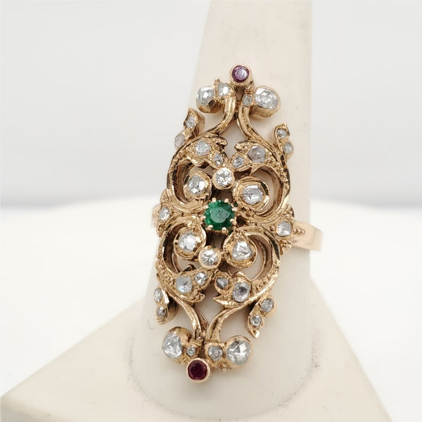 Vintage 14Kt Yellow Gold Emerald Ruby And Diamond Ring