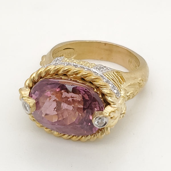 18kt Yellow Gold Pink Tourmaline and Diamond Ring by designer Harry Stambolian