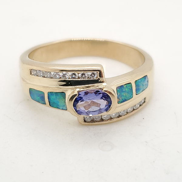 14kt Yellow Gold Tanzanite Opal and Diamond Ring