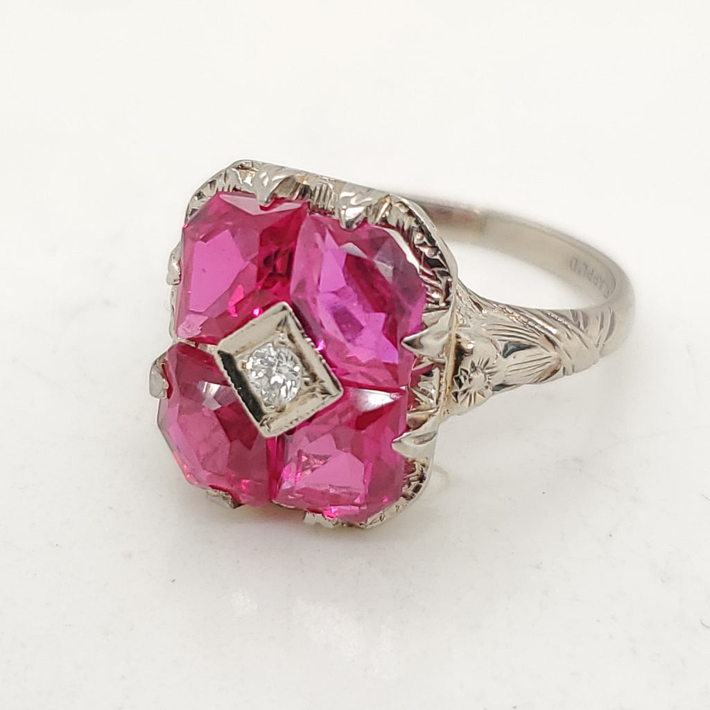 Art Deco 14kt white Gold Filigree Synthetic Ruby and Natural Diamond Ring