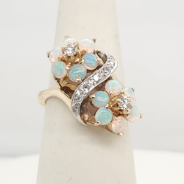 Vintage 14kt Yellow Gold Opal and Diamond Bypass Ring